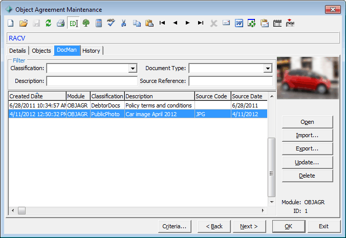 Object Agreement Maintenance - DocMan tab