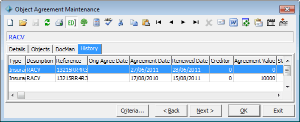 Object Agreement Maintenance - History tab