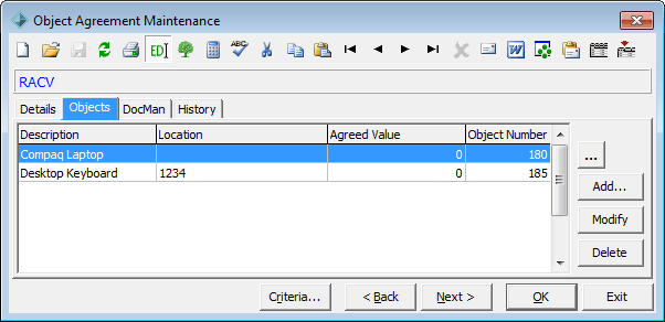Object Agreement Maintenance - Objects tab