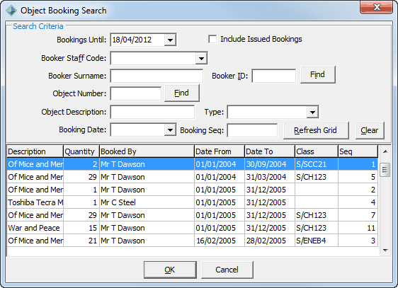 Object Booking Search window