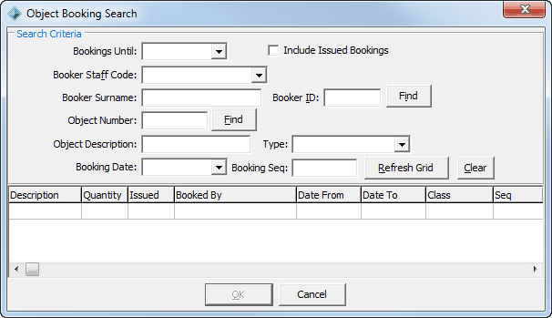 Object Booking Search window