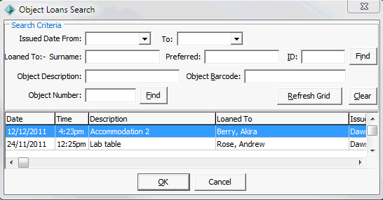 Object Loans Search window (populated)