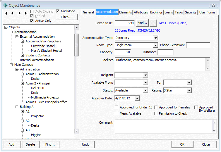 Object Maintenance - Accommodation tab
