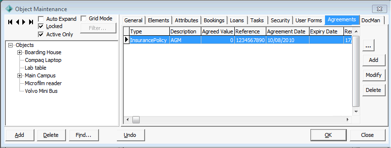 Object Maintenance - Agreements tab