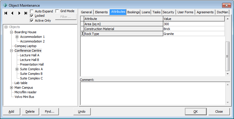 Object Maintenance - Attributes tab
