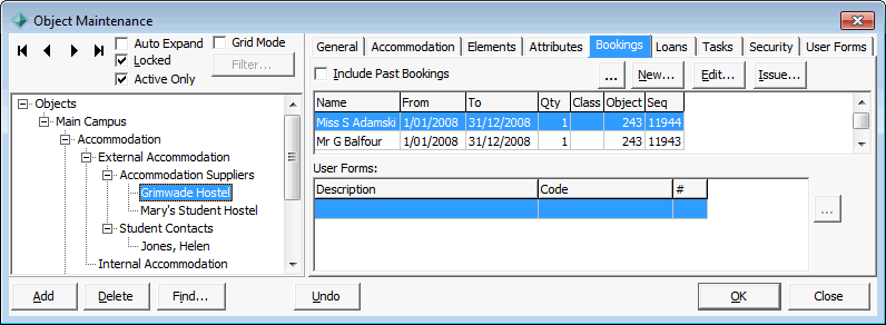 Object Maintenance - Bookings tab