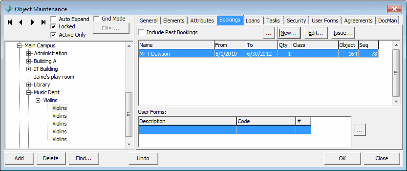 Object Maintenance - Bookings tab