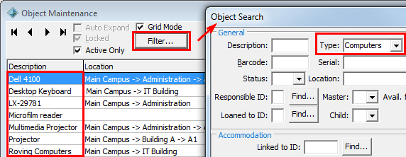 Object Maintenance - Filter button example
