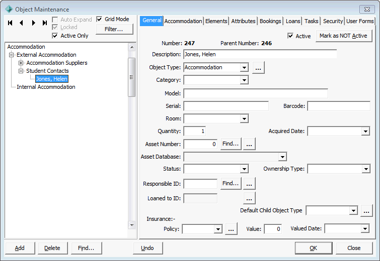 Object Maintenance - General tab