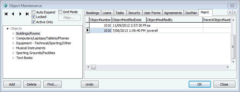 Object Maintenance - Maint tab