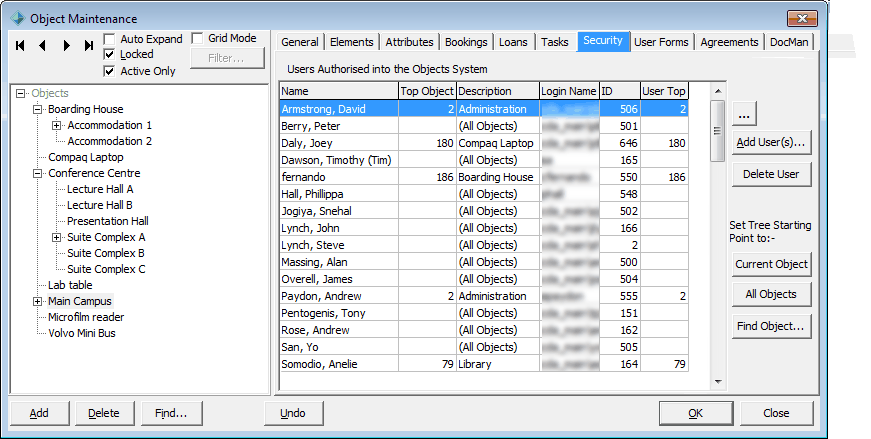 Object Maintenance - Security tab