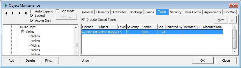 Object Maintenance - Tasks tab