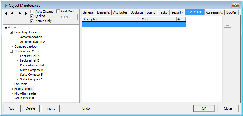 Object Maintenance - User Forms tab