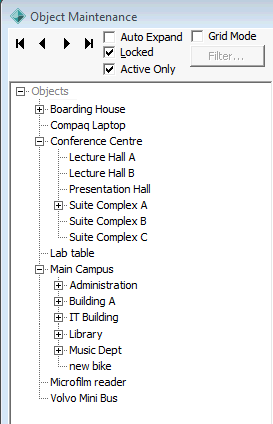 Object Maintenance window - Navigation pane