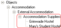 Object Search window (accommodation suppliers)