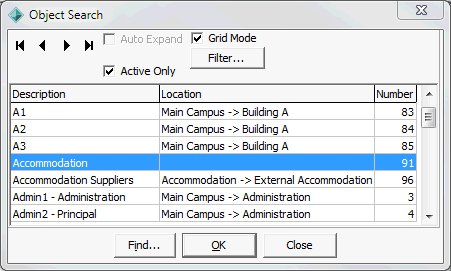 Object Search window (grid)