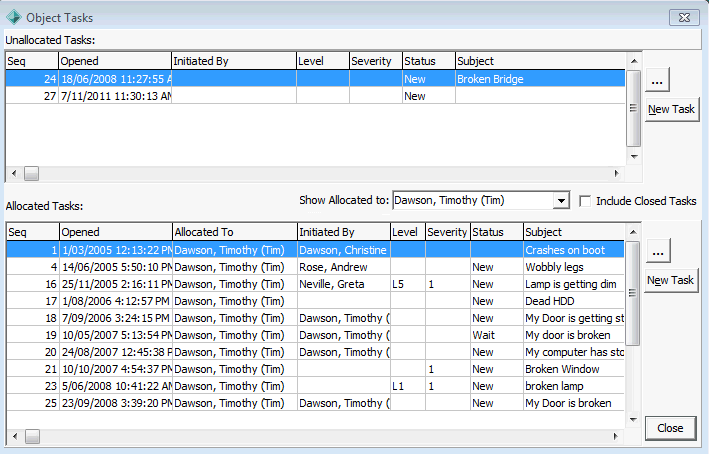 Object Tasks window