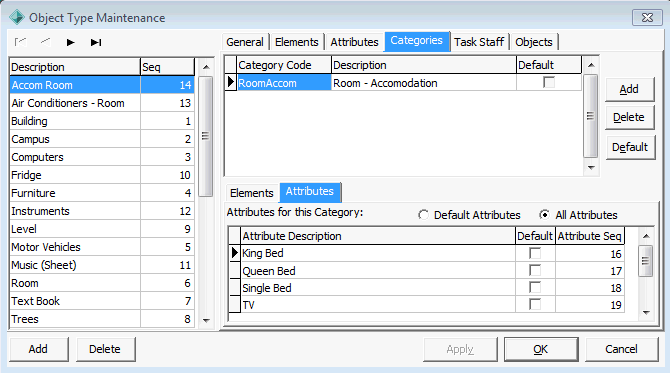 Object Type Maintenance - Categories tab - Attributes sub-tab