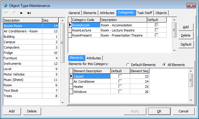 Object Type Maintenance - Categories tab - Elements sub-tab