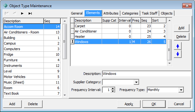 Object Type Maintenance - Elements tab