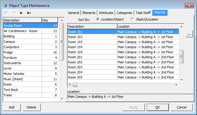 Object Type Maintenance - Objects tab