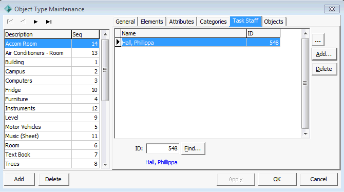 Object Type Maintenance - Task Staff tab