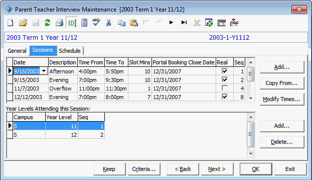 Parent Teacher Interview Maintenance - Sessions tab