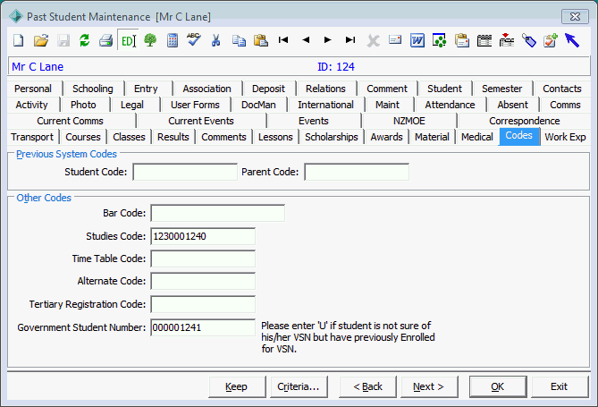 Past Student Maintenance - Codes tab