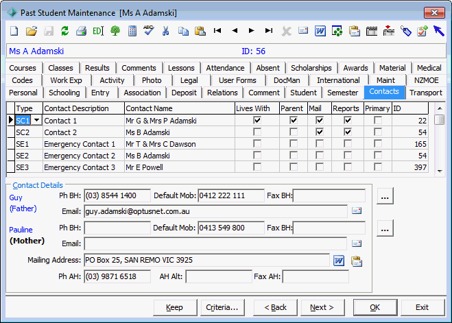 Past Student Maintenance - Contacts tab