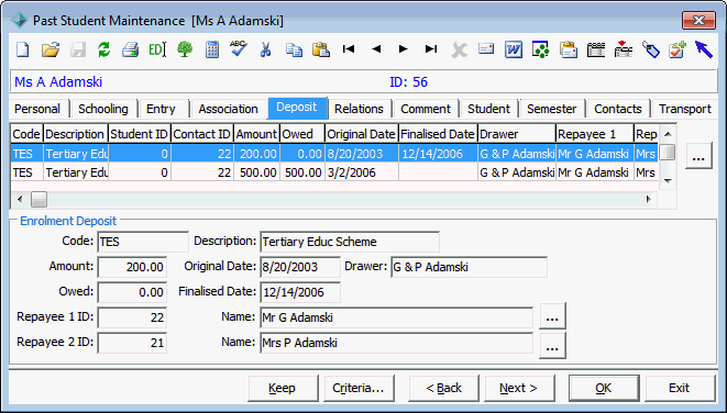 Past Student Maintenance - Deposit tab