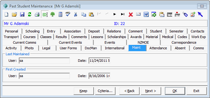 Past Student Maintenance - Maint tab
