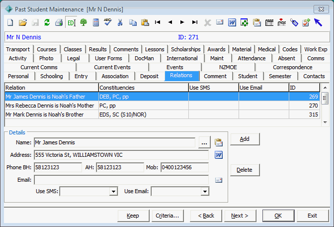 Past Student Maintenance - Relations tab