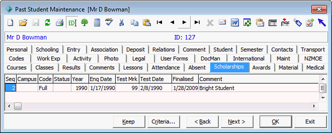 Past Student Maintenance - Scholarships tab