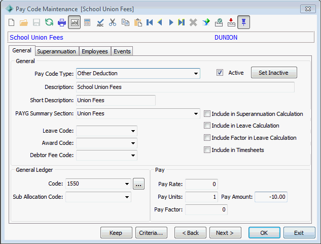 Payroll Code Maintenance - General tab