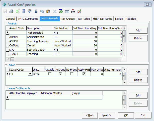 Payroll Configuration - Leave Awards tab