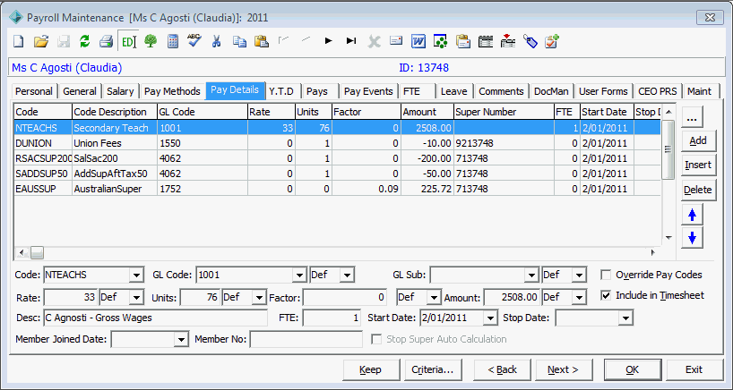 Payroll Maintenance - Pay Details tab