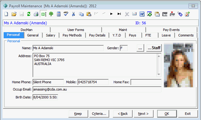 Payroll Maintenance - Personal tab