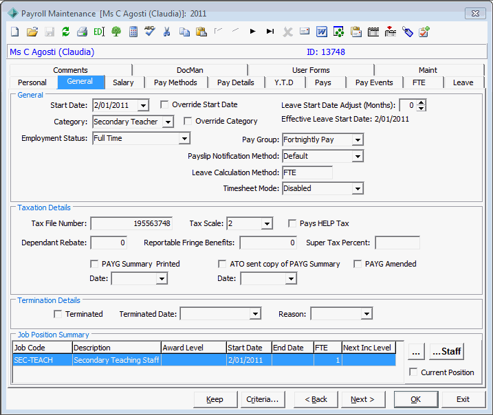 Payroll Maintenance - General tab