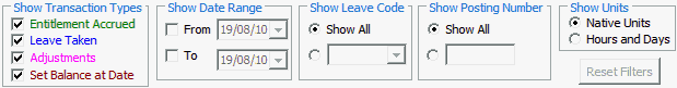 Payroll Maintenance - Leave tab (Filter fields)