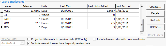 Payroll Maintenance - Leave tab (Leave Entitlements area, cut down)