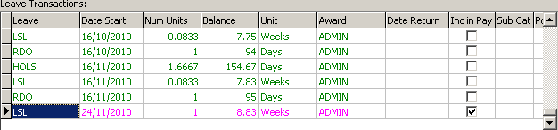Payroll Maintenance - Leave tab (Leave Transactions grid area)