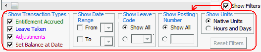 Payroll Maintenance - Leave tab (Show Filters field, cut down)