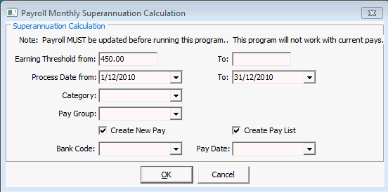 Payroll Monthly Superannuation Calculation window