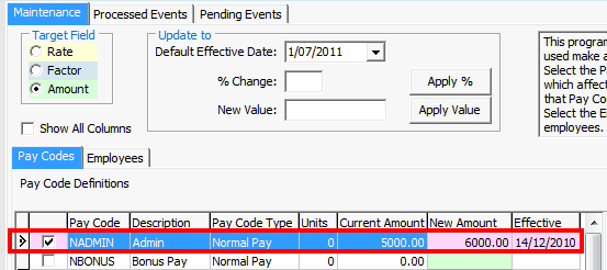 Payroll Pay Rate Maintenance - Maintenance tab (cut down, Pay Code selection highlighed)
