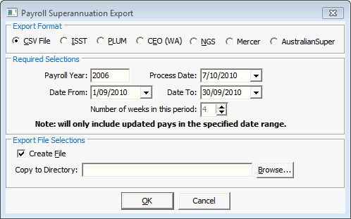 Payroll Superannuation Export window