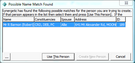 Possible Name Match Found window