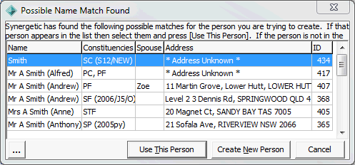 Possible Name Match Found window