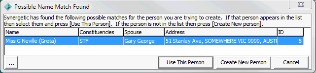 Possible Name Match Found window