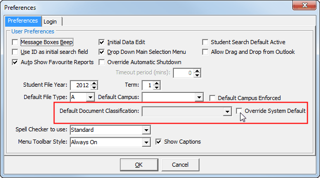 Preferences - Preferences tab (Default Document Classification fields highighted)