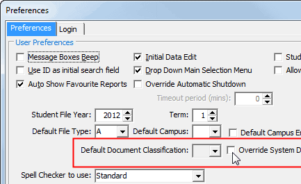 Preferences - Preferences tab (Default Document Classification fields highighted, cutdown for wn v65)